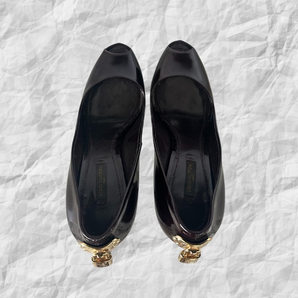 Louis Vuitton Black Patent Calf Leather Peep Toe Heeled Pumps Size EU38 Burgundy - Picture 7 of 8